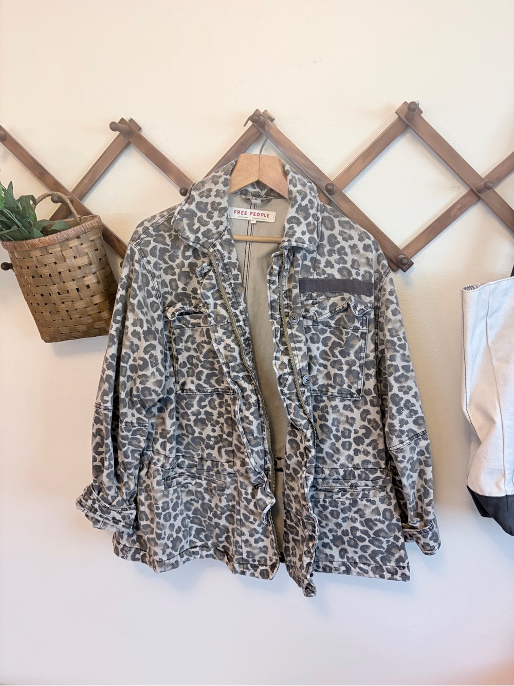 Free People Neutral Gray Leopard Utility Jacket